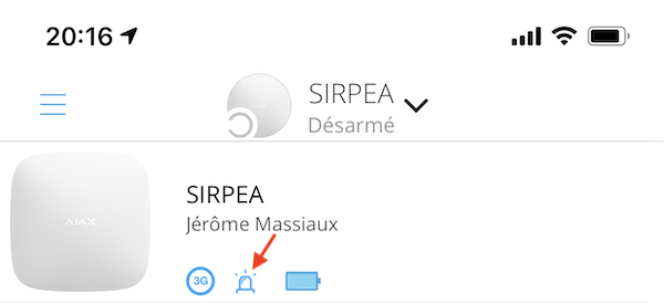 Icône SIA activé sur AJAX Hub