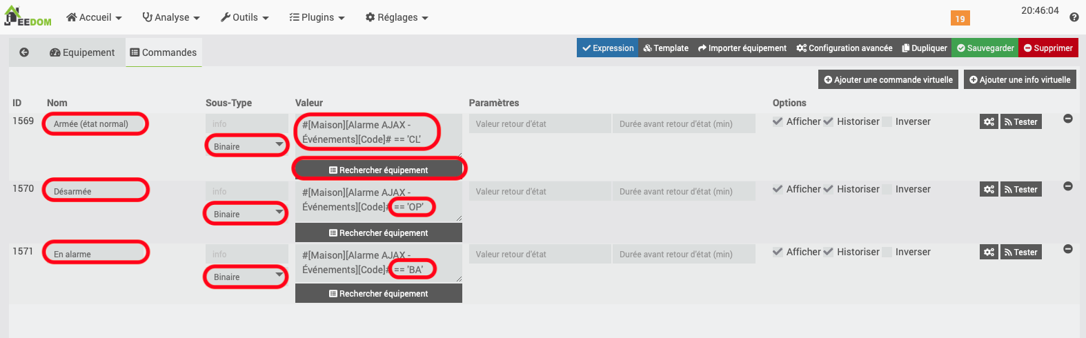Création d'un virtuel pour afficher l'état de l'alarme AJAX Hub sous forme de Widget Jeedom