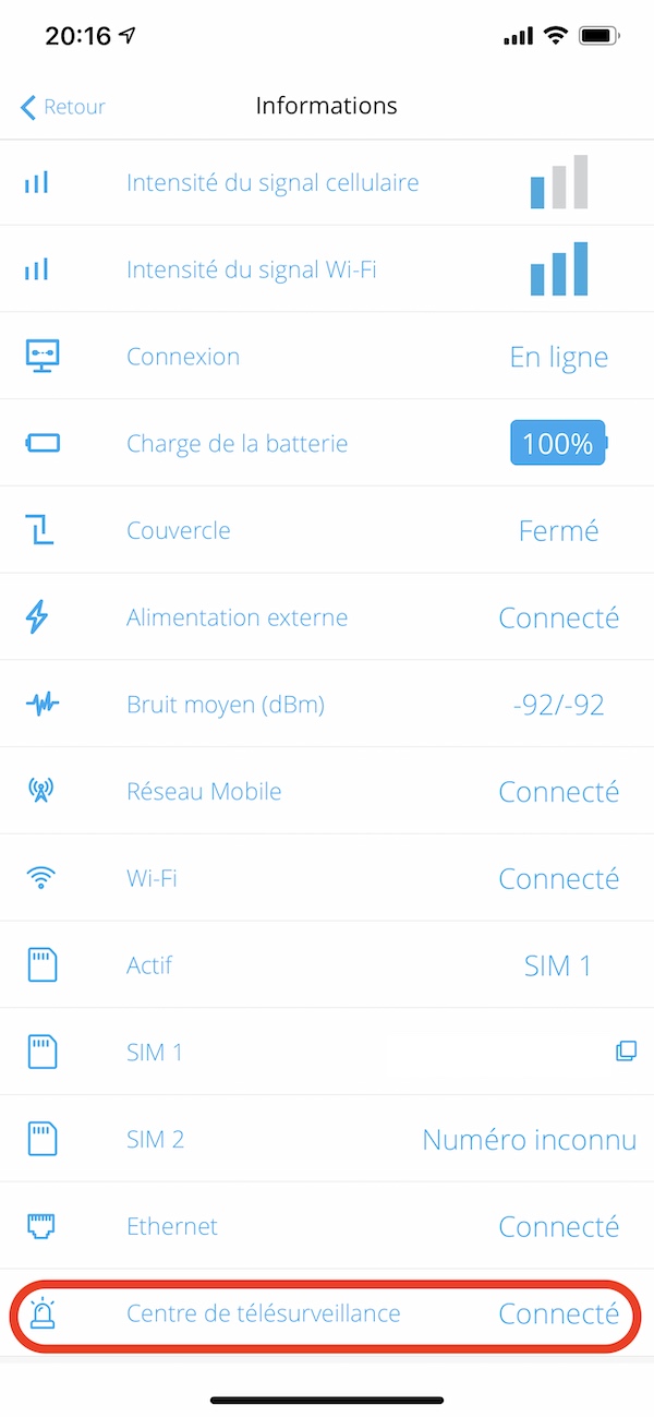 Etat de l'alarme AJAX Hub avec SIA activé