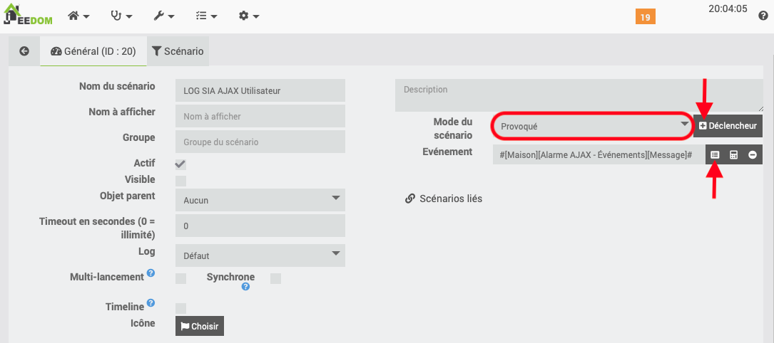 Déclencheur de scénario Jeedom provoqué avec alarme AJAX Hub