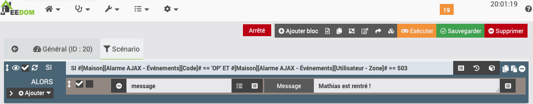Exemple de scénario Jeedom avec alarme AJAX Hub