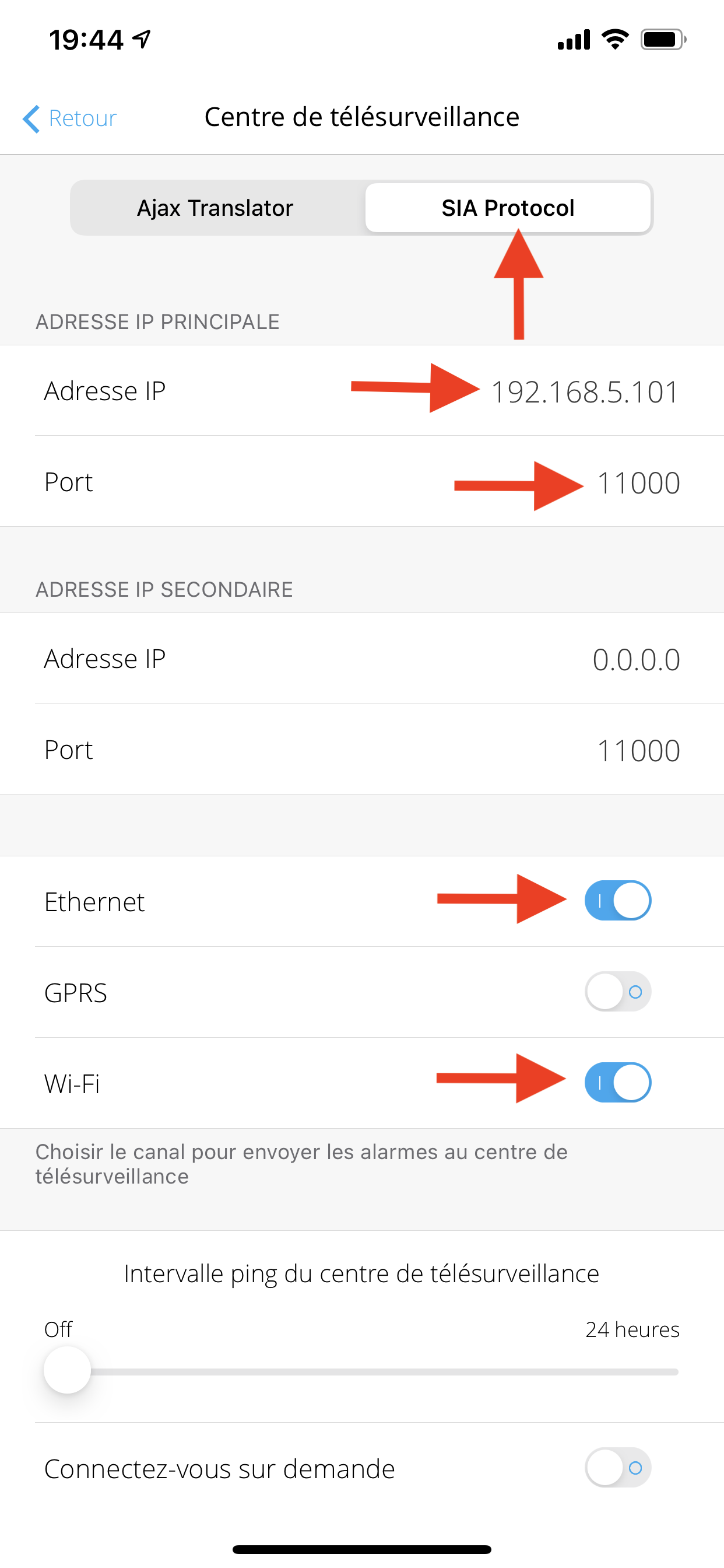 Configuration SIA dans le menu "Centre de télésurveillance" de l'application smartphone pour alarmes AJAX Hub