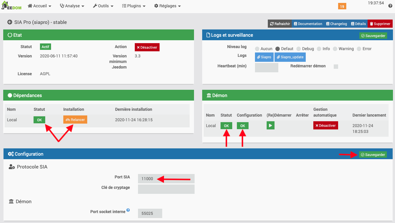 Configuration du plugin SIA Pro sur Jeedom