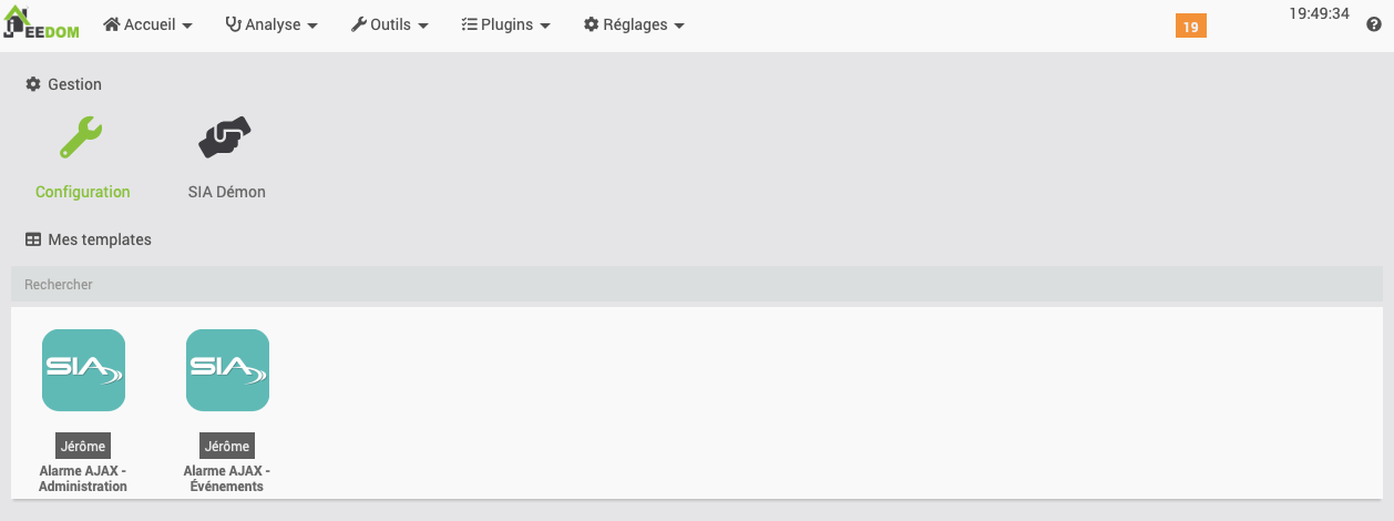 Equipements du Hub AJAX créés dans le plugin SIA Pro de Jeedom