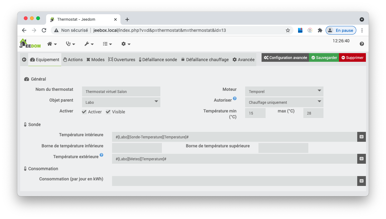 Thermostat virtuel de Jeedom