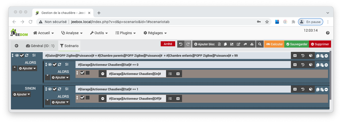 Scénario Jeedom / JeeBox de déclenchement de la chaudière dès que le cumul des ouvertures de têtes dépasse l'équivalent d'une vanne 100% ouverte