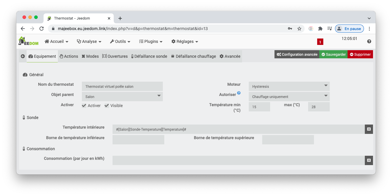 Thermostat virtuel de Jeedom avec un poêle à pellets / granulés