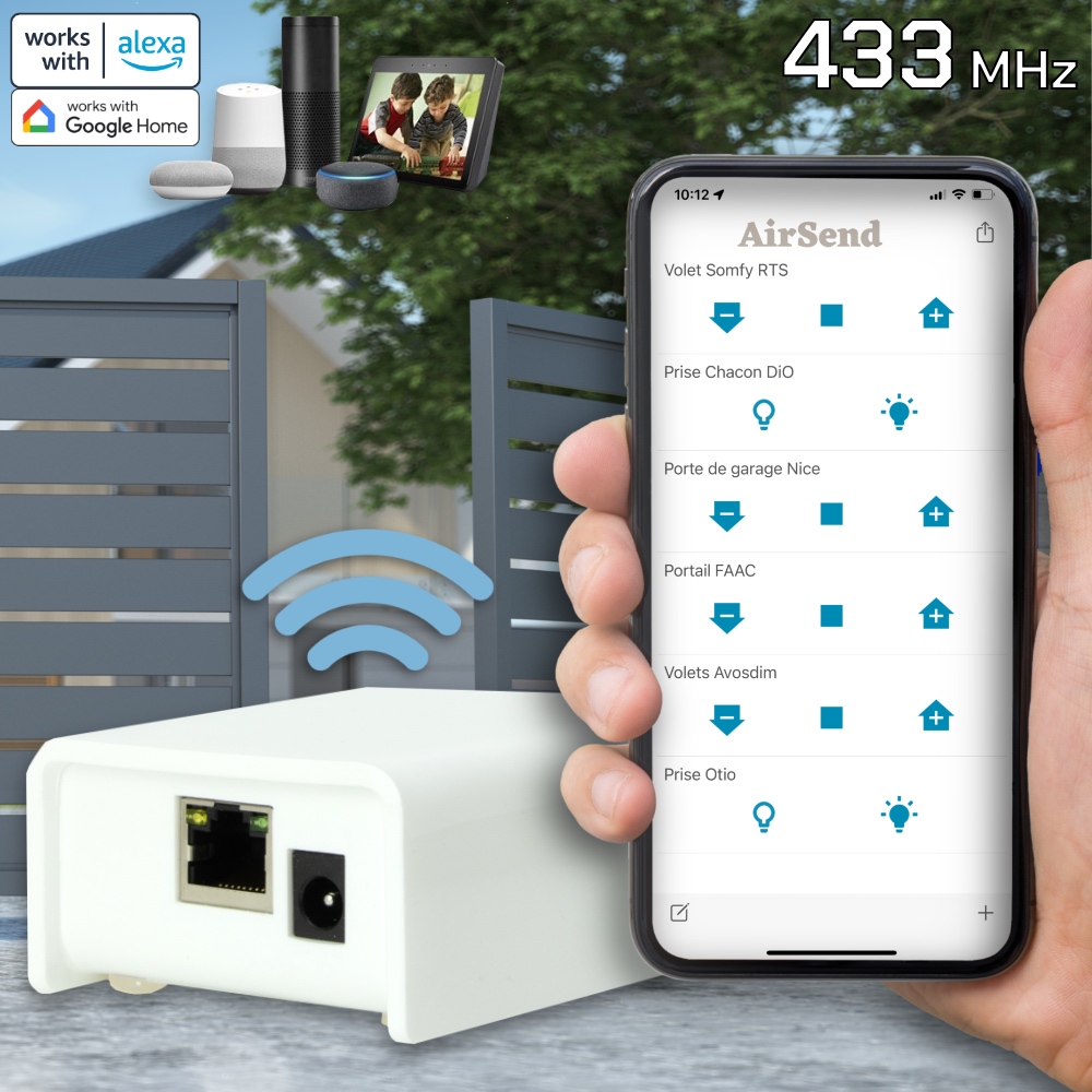 DEVMEL AirSend, émetteur 433Mhz compatible Somfy RTS, Chacon DiO, Nice 433 pour Jeedom, eedomus+, Amazon Alexa et Google Home
