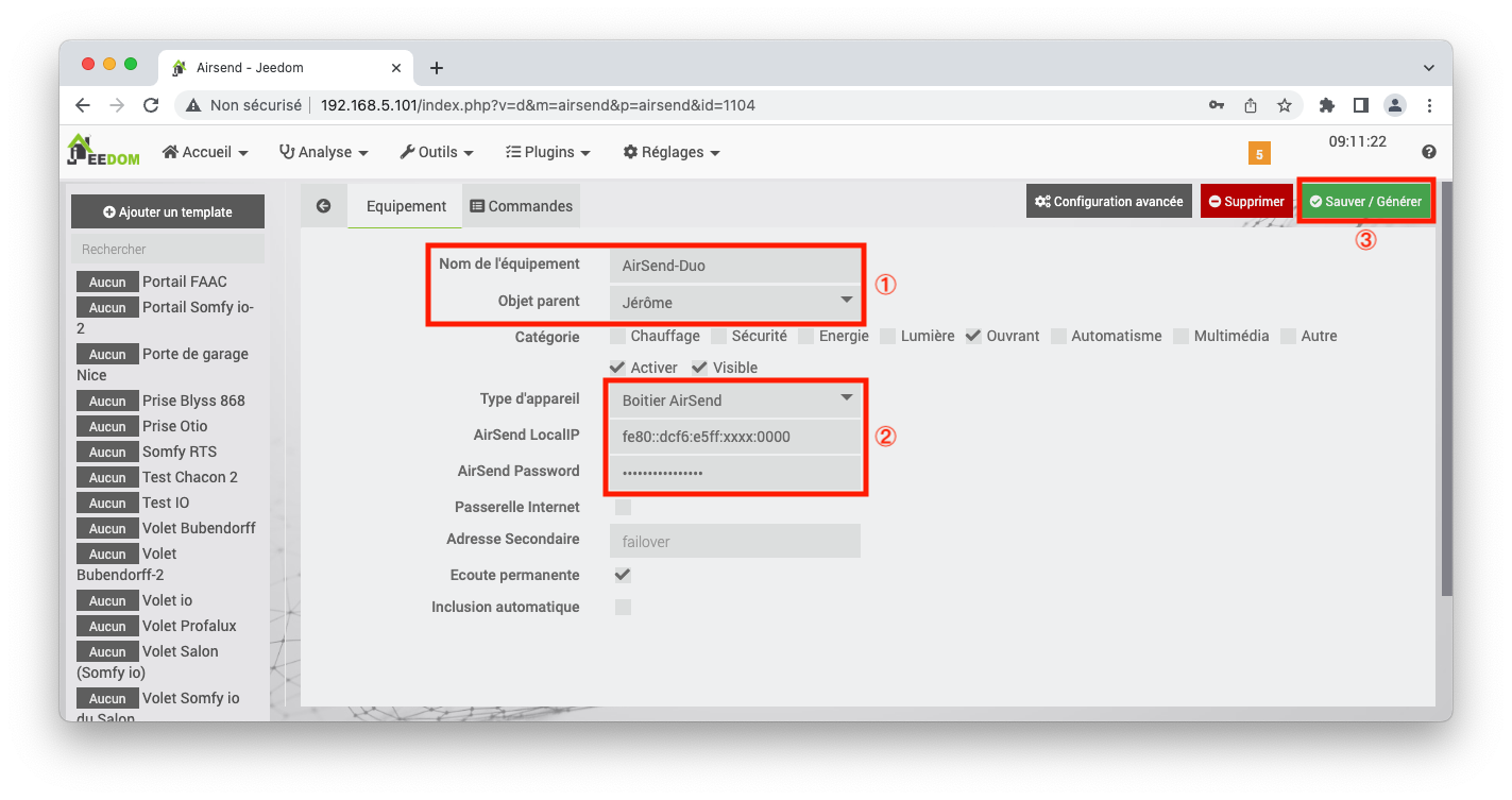 Configuration de la passerelle AirSend sur Jeedom