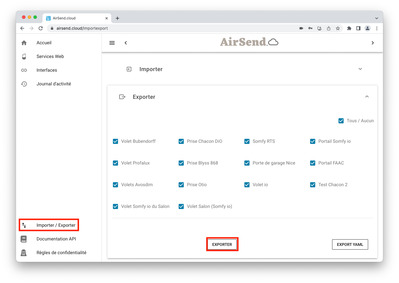 Exports des équipements 433 / 868 MHz depuis la passerelle AirSend