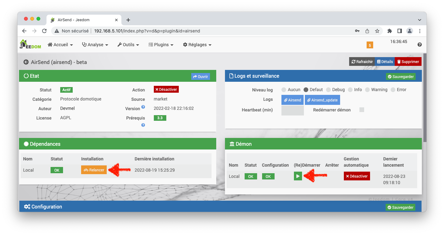 JeeBox avec Jeedom : Installer le Plugin AirSend et compiler les dépendances
