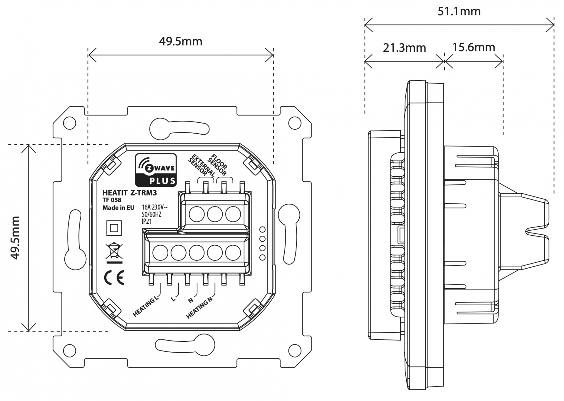 Description de la face arrière du thermostat Z-Wave Plus pour plancher chauffant électrique HeatIt Z-TRM3