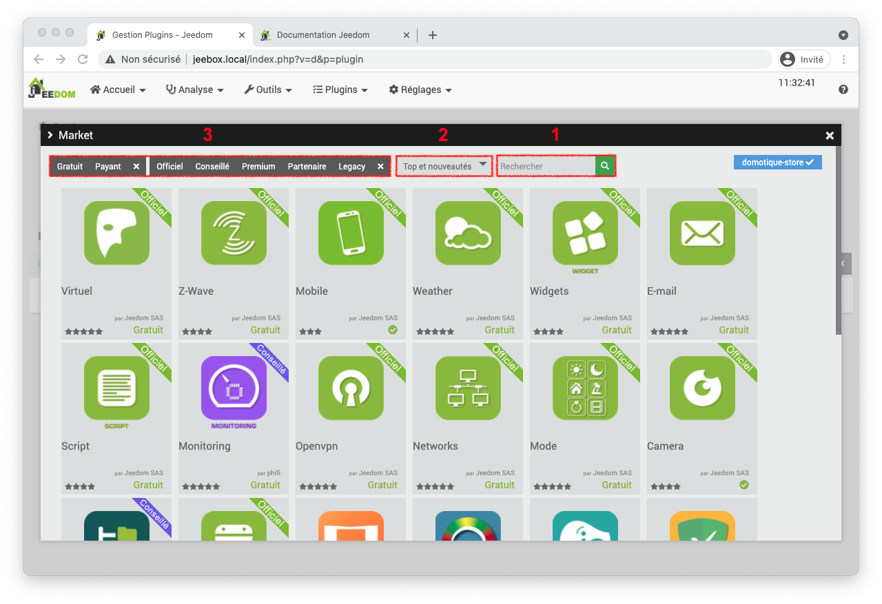 JeeBox avec Jeedom : Lister les plugins disponibles par catégories et critères