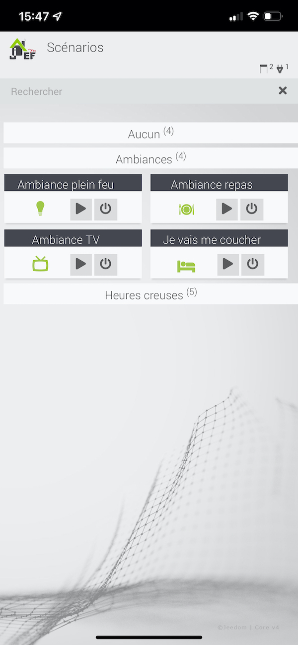 Déclenchement de scenarios sur la Web Application smartphone de Jeedom