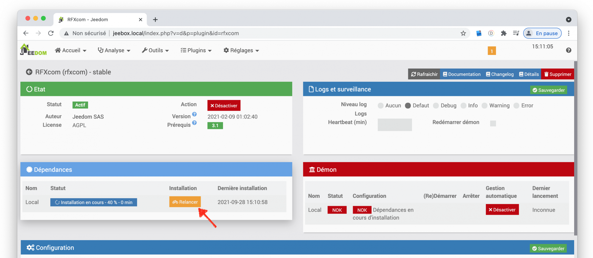 JeeBox avec Jeedom : Installer le Plugin RFXCOM et compiler les dépendances