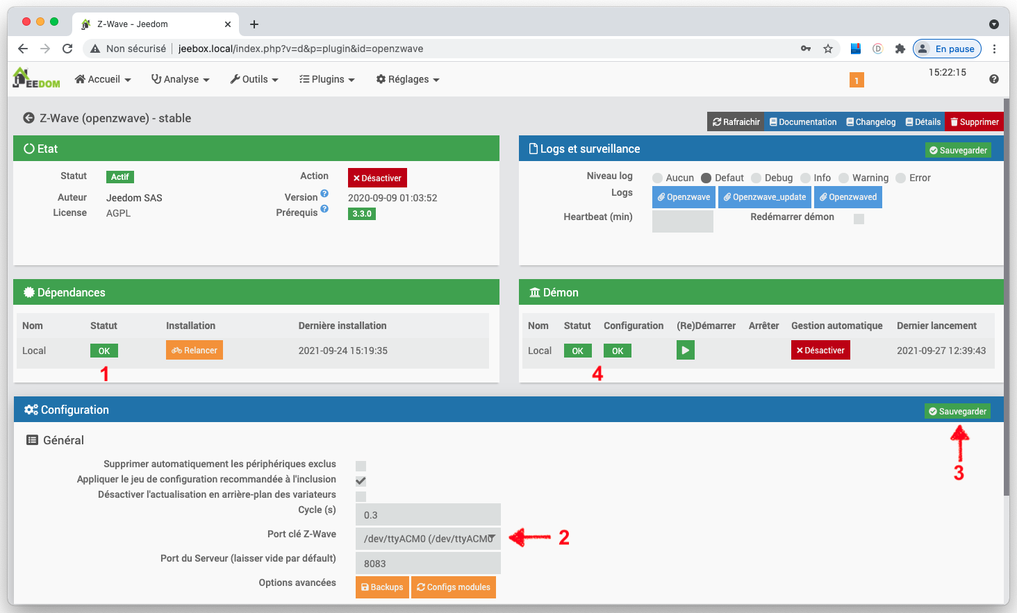 Configuration du port du dongle Z-Wave sur JeeBox avec Jeedom