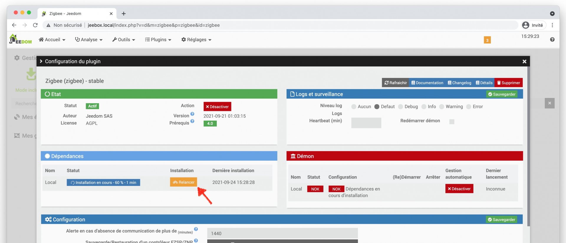 JeeBox avec Jeedom : Installer le Plugin ZigBee et compiler les dépendances