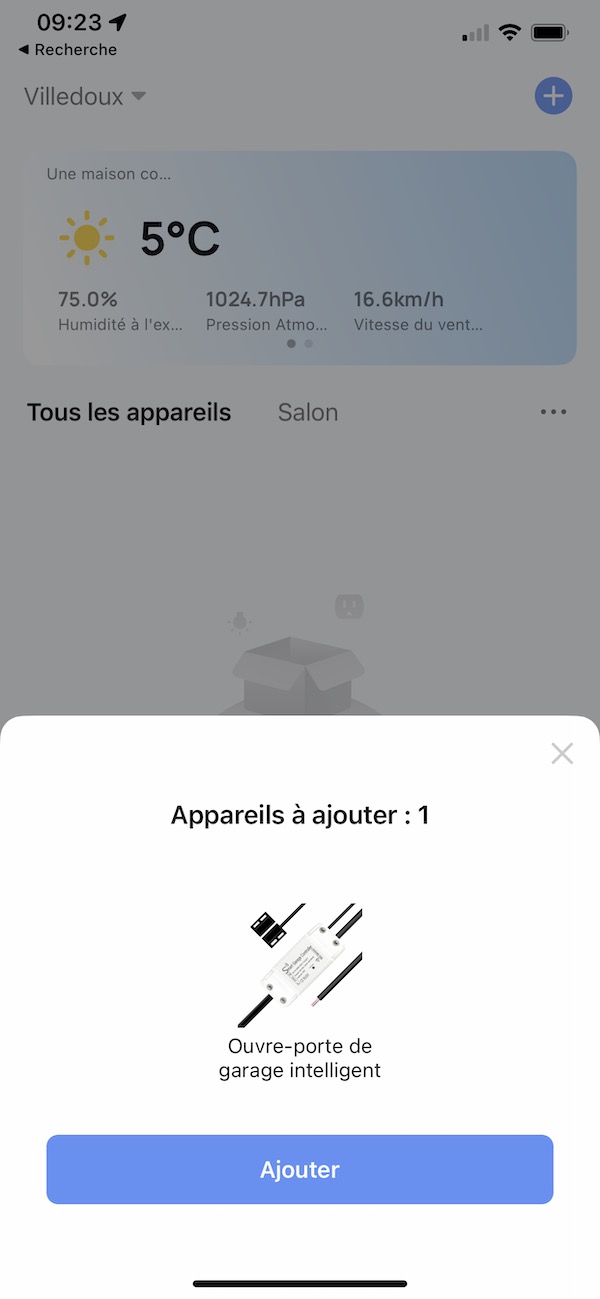 Détection automatique en bluetooth du kit de commande Wifi pour porte de garage Moes MS102 à l'application Lidl Home / Tuya Smart / Smart Life
