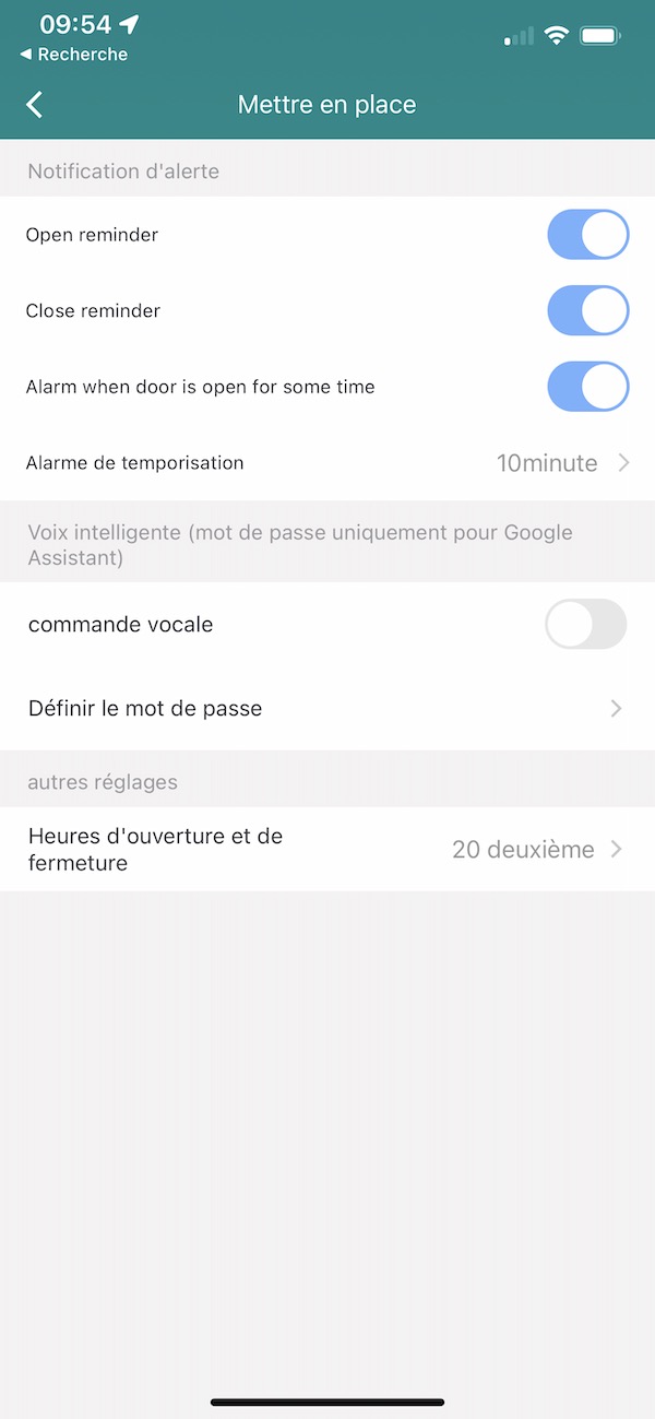 Réglage des messages via notifications push sur smartphone quand la porte de garage est ouverte ou fermée