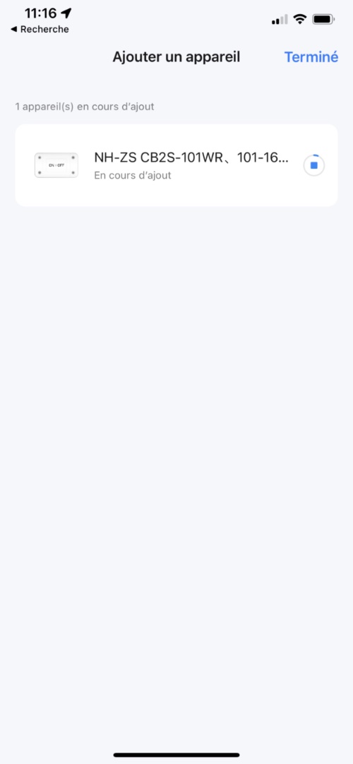 Configuration en cours de l'interrupteur WiFi sur câble compatible Amazon Alexa et Google Home