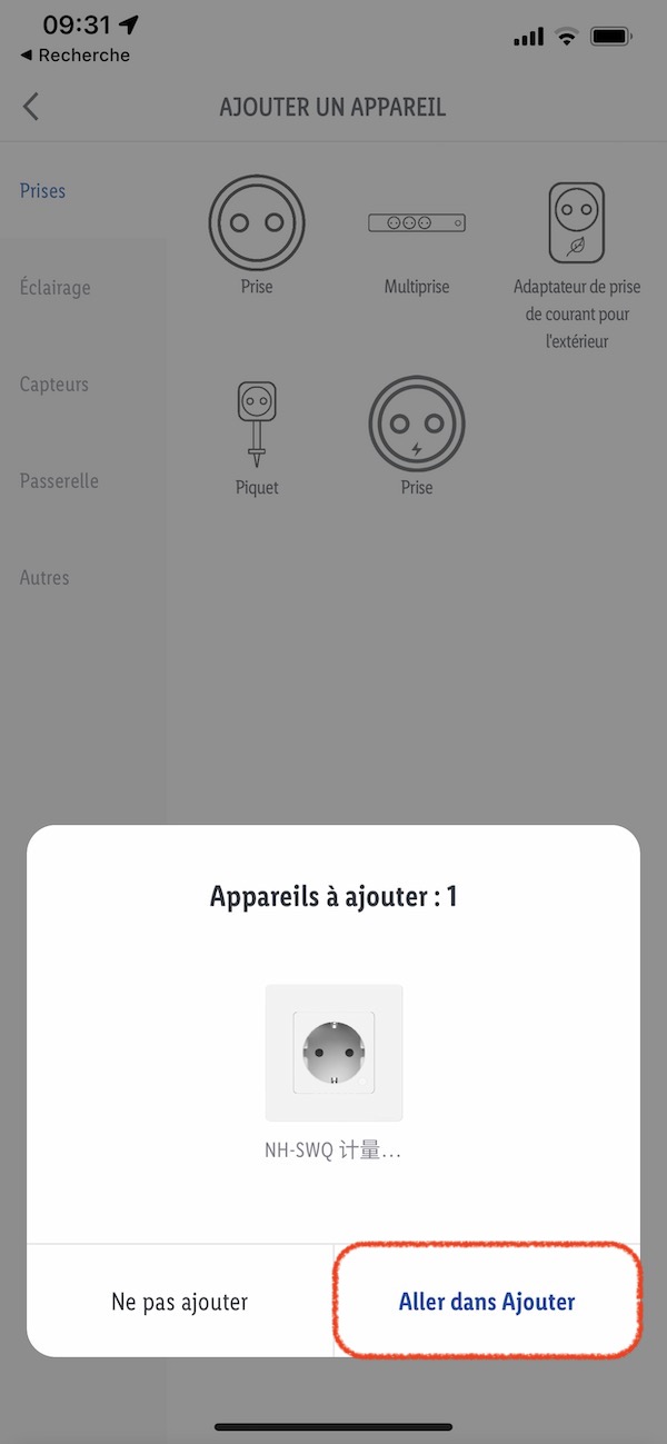 Détection automatique en bluetooth de la prise murale MOES WK-FR16M sur Lidl Home