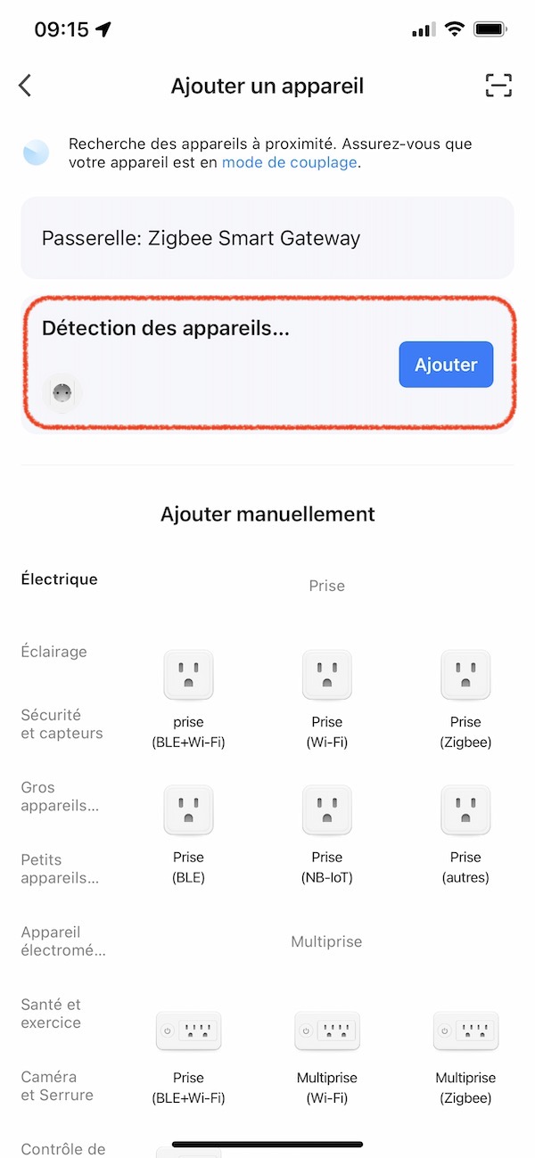 Détection automatique en bluetooth de la prise murale MOES WK-FR16M sur Tuya Smart Life
