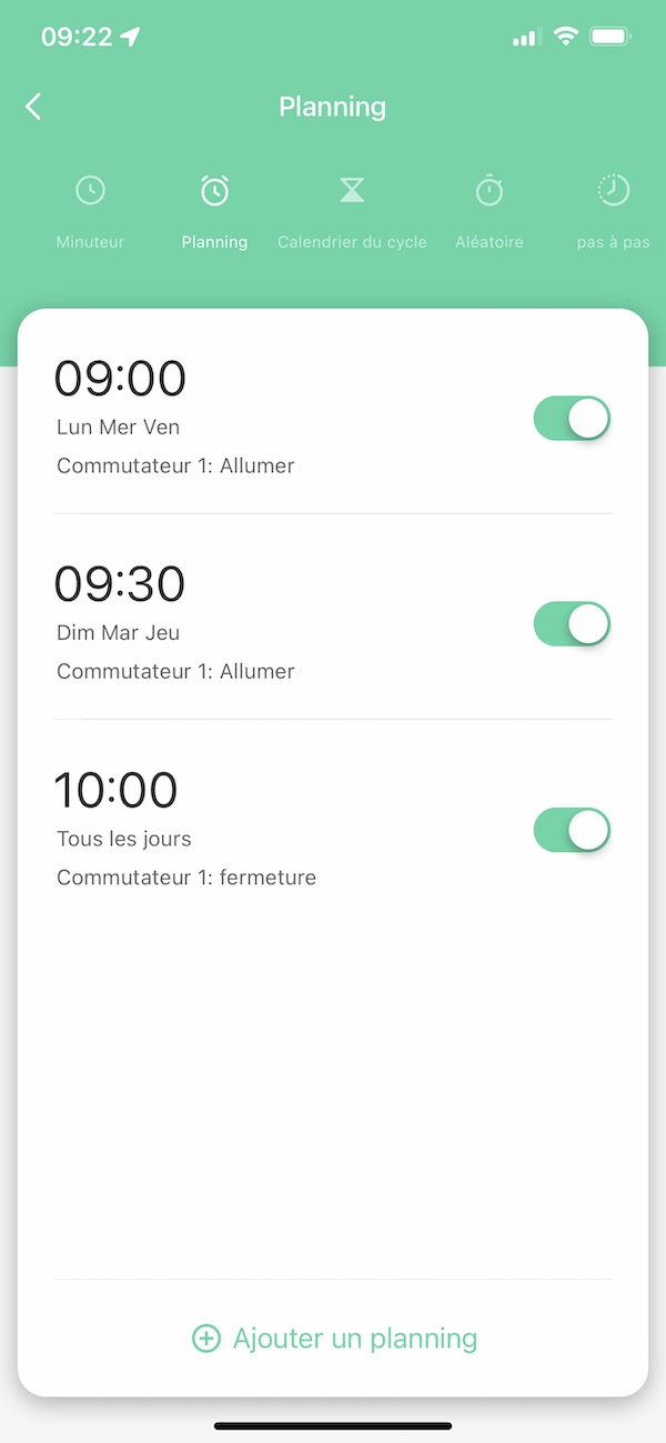 Fonctions minuterie, programmations hebdomadaires, simulation de présence, etc de la prise murale connectée WiFi MOES WK-FR16M