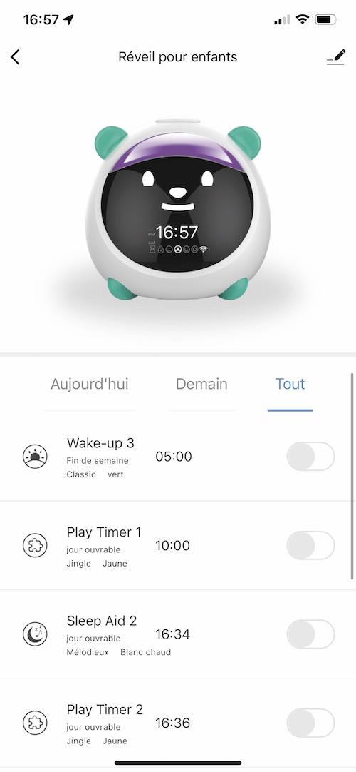 Liste de tous les réveils, alarmes et minuteur du réveil WiFi pour enfants MOES STC-001