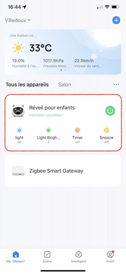 Widget du réveil WiFi pour enfants sur la page d'accueil de l'application tuya Smart Life