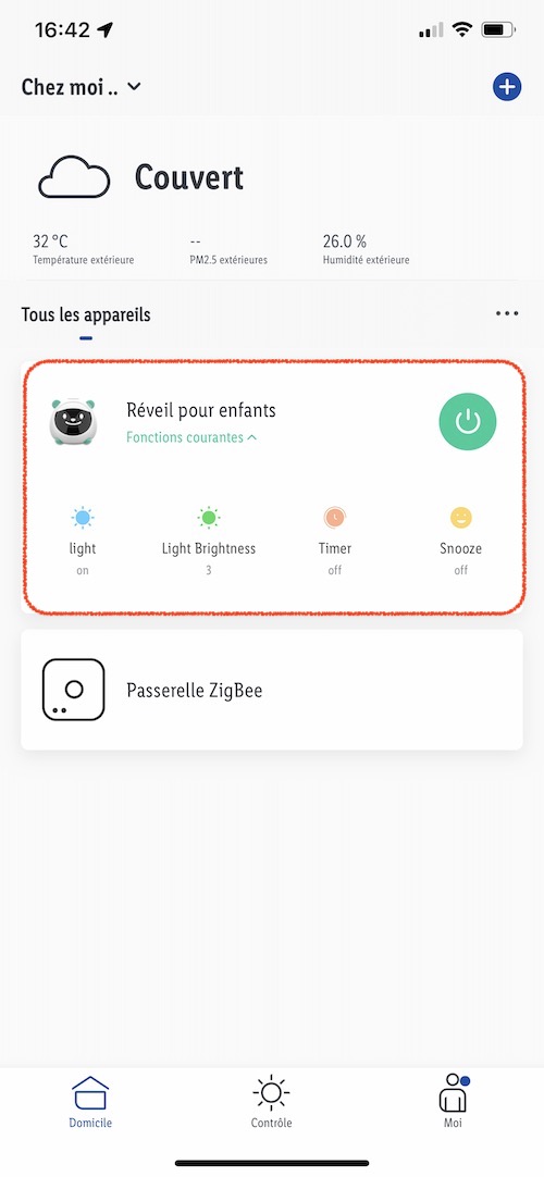 Widget du réveil WiFi pour enfants sur la page d'accueil de l'application Lidl Home