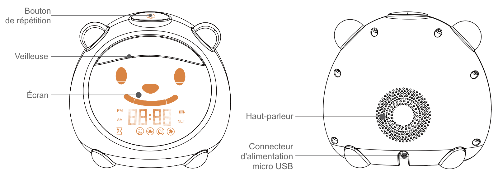 Présentation des faces avant et arrière du réveil WiFi pour enfants avec application smartphone, compatible tuya Smart Life et Lidl Home MOES STC-001