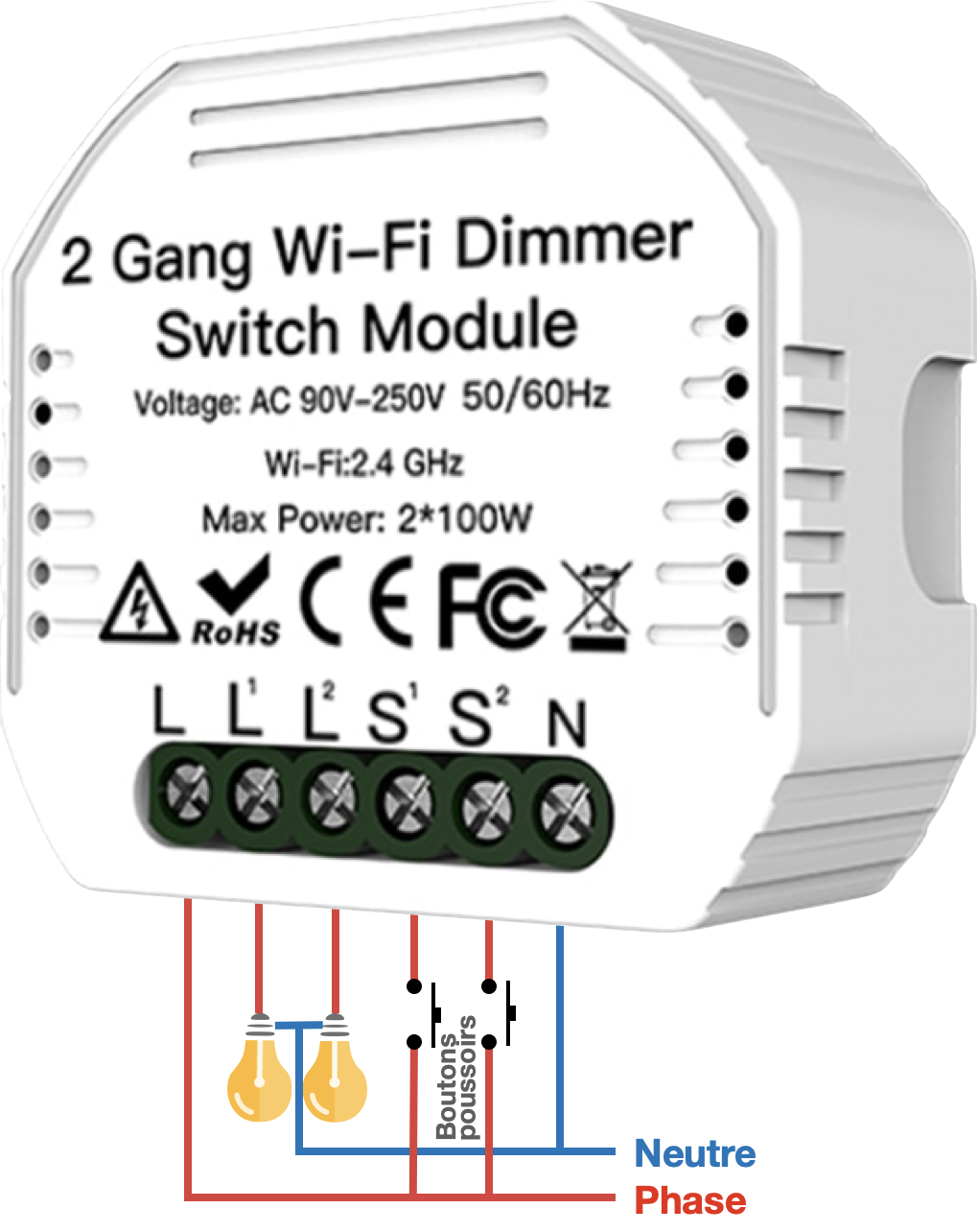 Câblage du micromodule WiFi double variateur Tuya MM2D100W / Moes MS105B