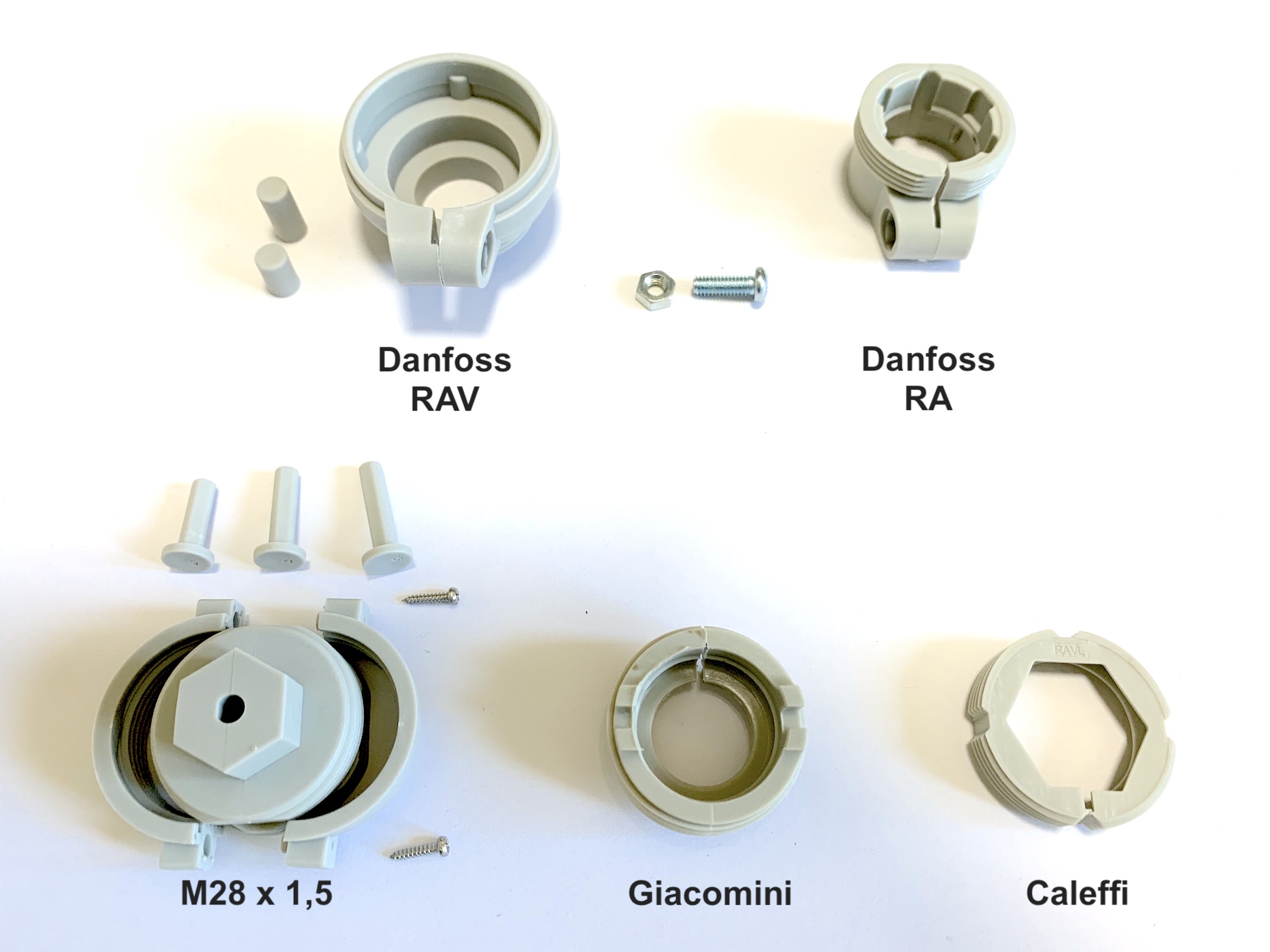 Adaptateurs fournis avec les têtes thermostatiques ZigBee Moes ZTRV-BY-100