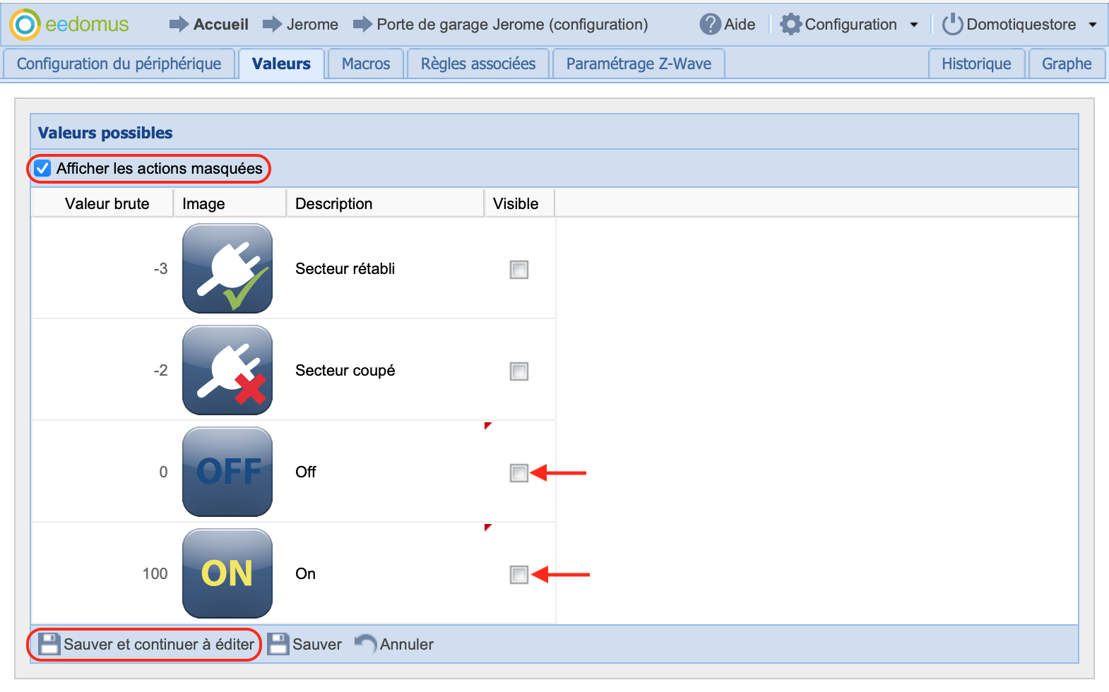 Cacher les actions inutiles sur la sortie 1 du FGBS-222