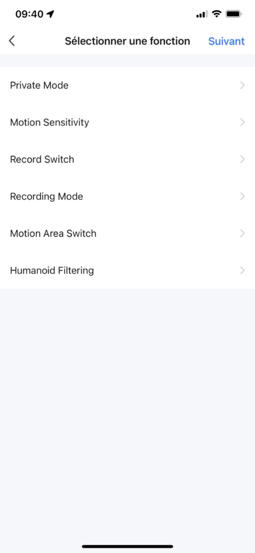 Liste des actions et réglages pouvant être appelés depuis les scènes