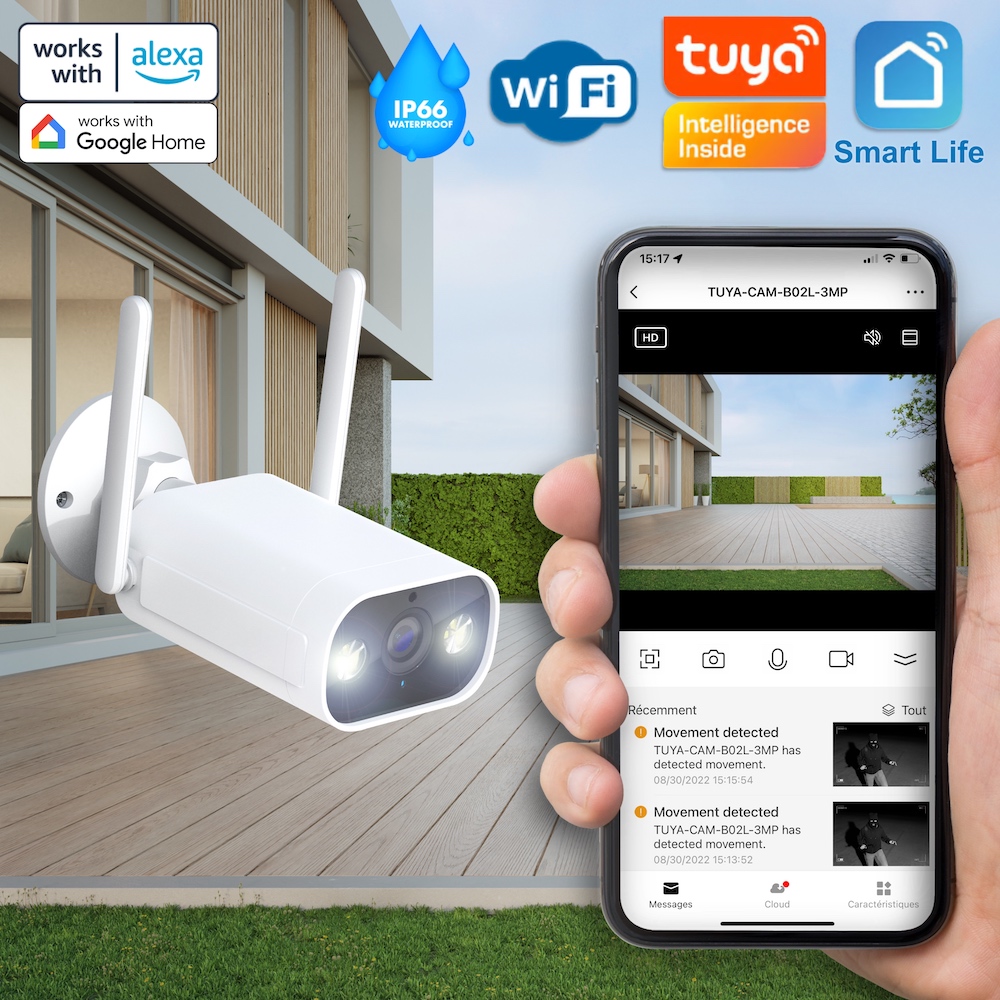 Caméra IP WiFi extérieure 3MP avec projecteur de lumière LED compatible tuya Smart Life