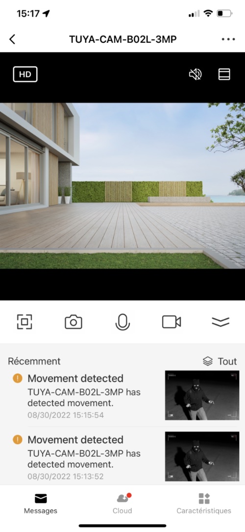 Affichage des détections de mouvements de la caméra WiFi extérieure avec spots projecteurs de lumière LED tuya Smart Life