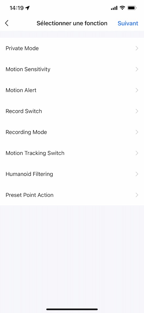 Liste des actions et réglages pouvant être appelés depuis les scènes