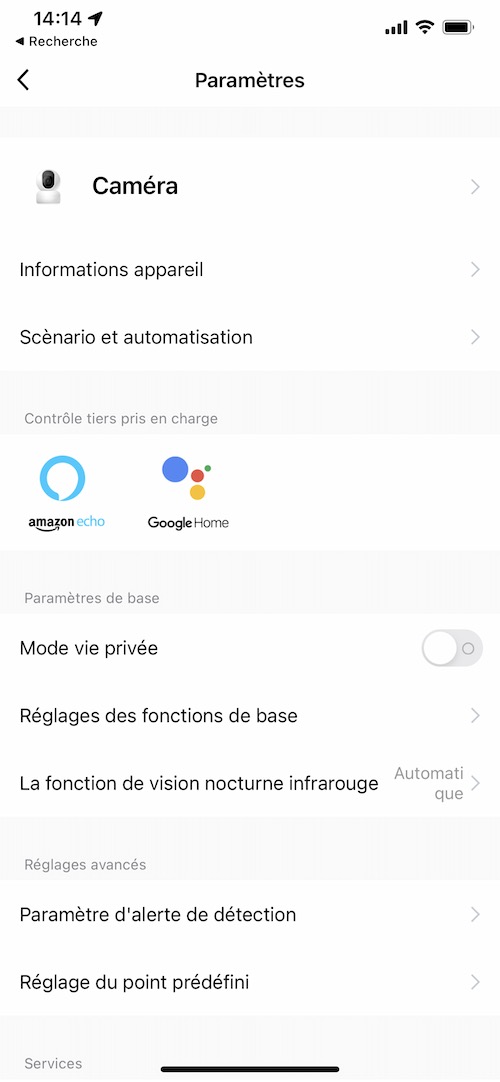 Réglages de la caméra rotative WiFi tuya Smart Life