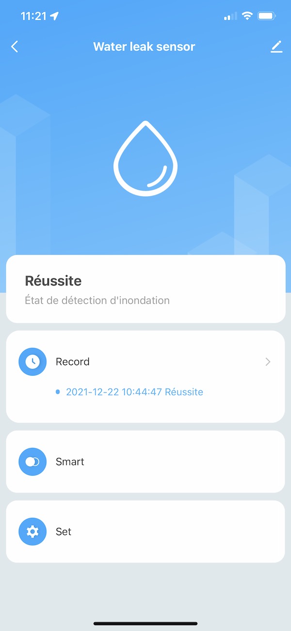 Menu du détecteur d'inondation WiFi dans l'application Lidl Home ou Tuya Smart Life