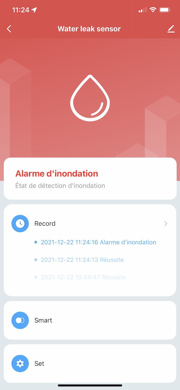 Menu du détecteur d'inondation WiFi dans l'application Lidl Home ou Tuya Smart Life