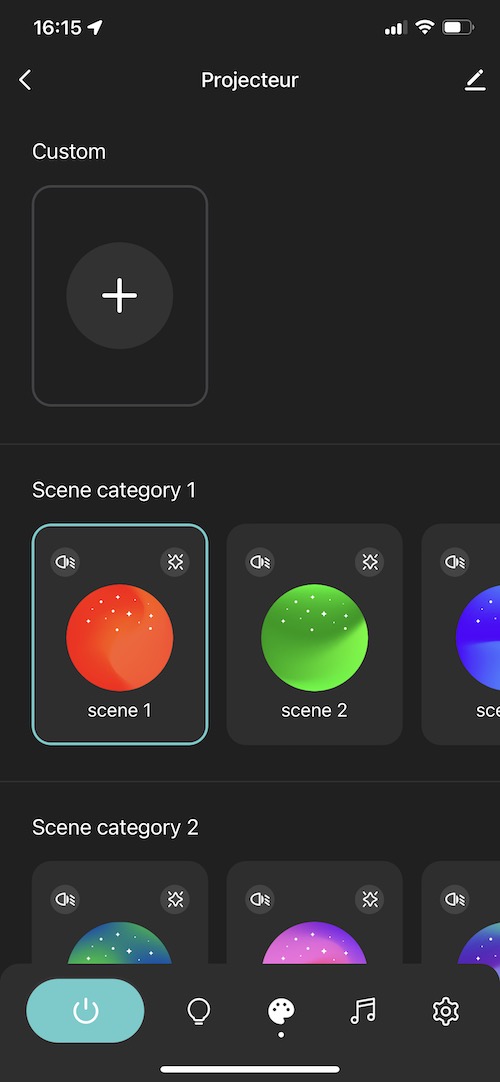 Application : Choix des scènes lumineuses préprogrammées ou enregistrement de scènes personnalisées