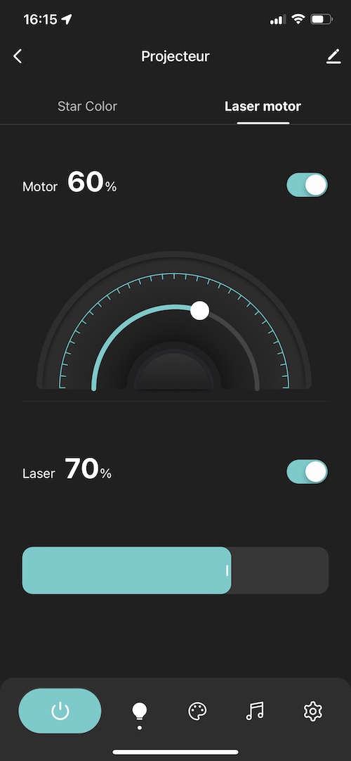 Application : Activation, luminosité et rotation de la projection laser des étoiles