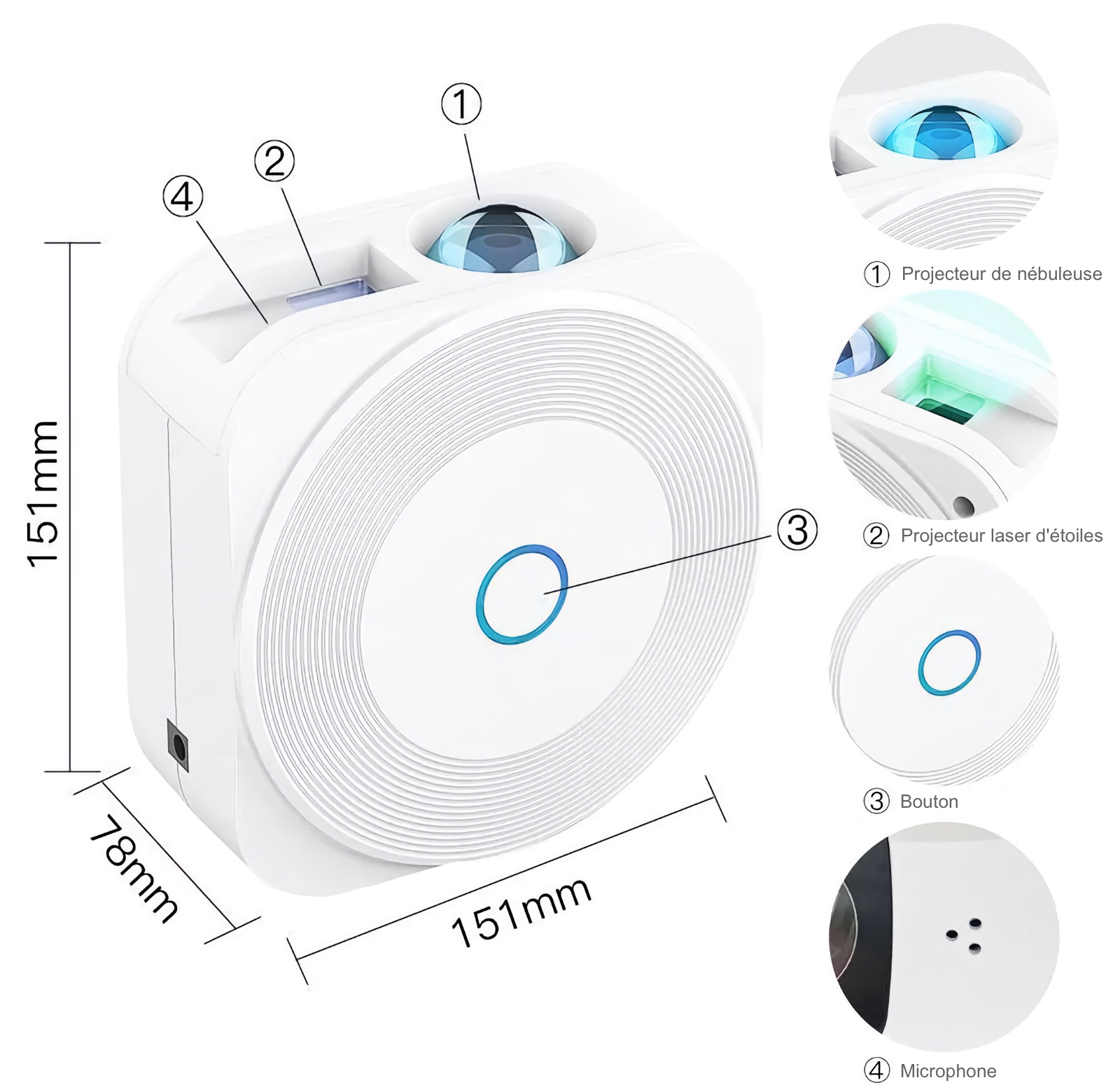 Présentation et dimensions du projecteur WiFi d'ambiances colorées avec synchronisation musicale, compatible Lidl Home et tuya Smart Life