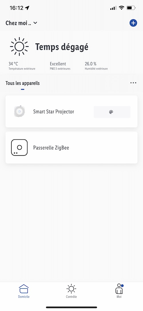 Widget du projecteur WiFi d'ambiance colorée sur l'application smartphone Lidl Home