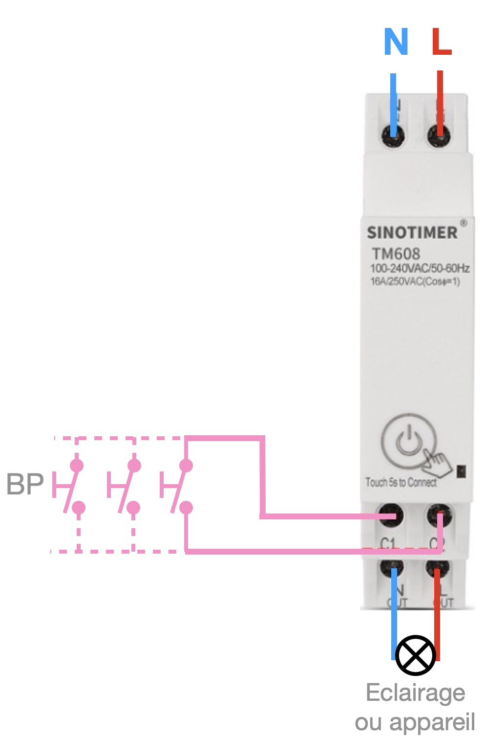 Câblage du Télérupteur / contacteur WiFi DIN 16A avec mesure de consommation compatible Lidl Home, Tuya Smart Life, Google Home, Amazon Alexa - SINOTIMER TM608 / VEARGREE ATM1612 / TUYA-DIN1S16AEM