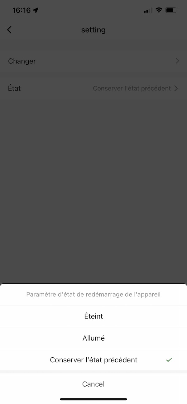 Etat après coupure de courant du télérupteur WiFi connecté TM608 / ATMS1612 / DIN1S16AEM