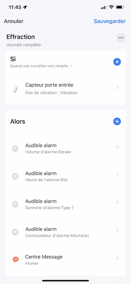 Exemple de scène tuya Smart Life pour créer une fonction alarme avec la sirène zigbee