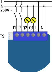 câblage du Qubino 2 relais Flush 2 Relays ZMNHBD1 en 230VAC