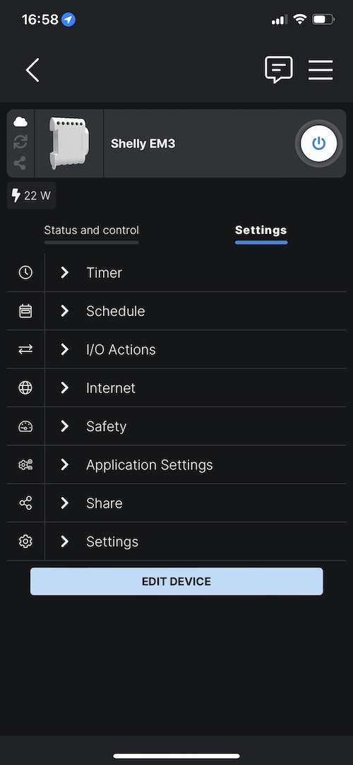 Réglages de paramètres de configuration du Shelly 3EM